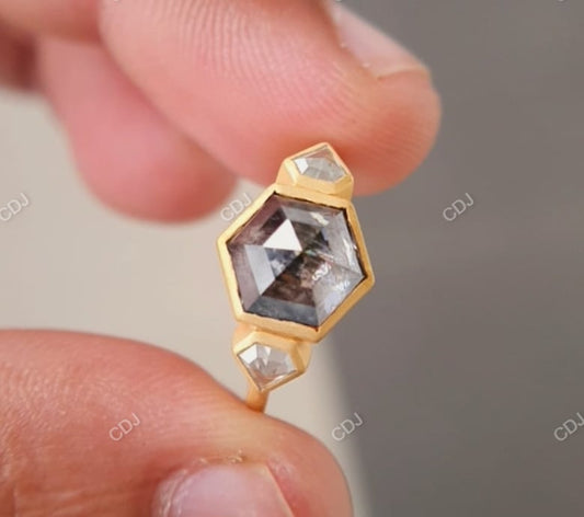 2.20 CTW Hexagon Salt And Pepper Three-Stone Engagement Ring