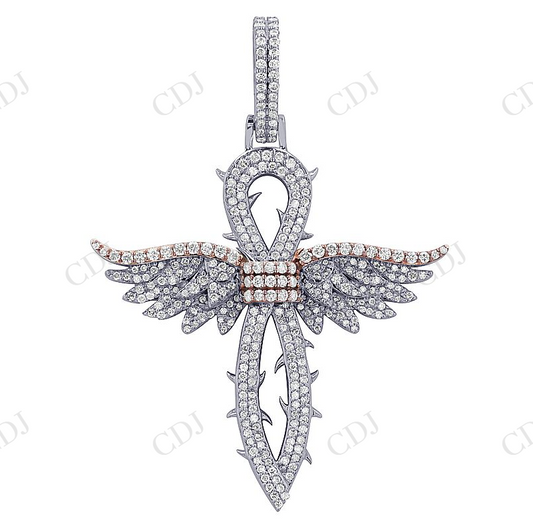 Two Tone 925 Sterling Silver Moissanite Angel Wings Cross Pendent hip hop jewelry customdiamjewel