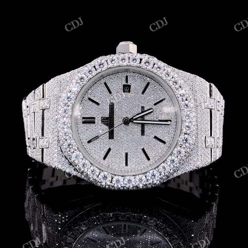 Luxury Hip Hop Natural Diamond Wrist Watches For Men Stainless Steel Round Cut Diamond Band