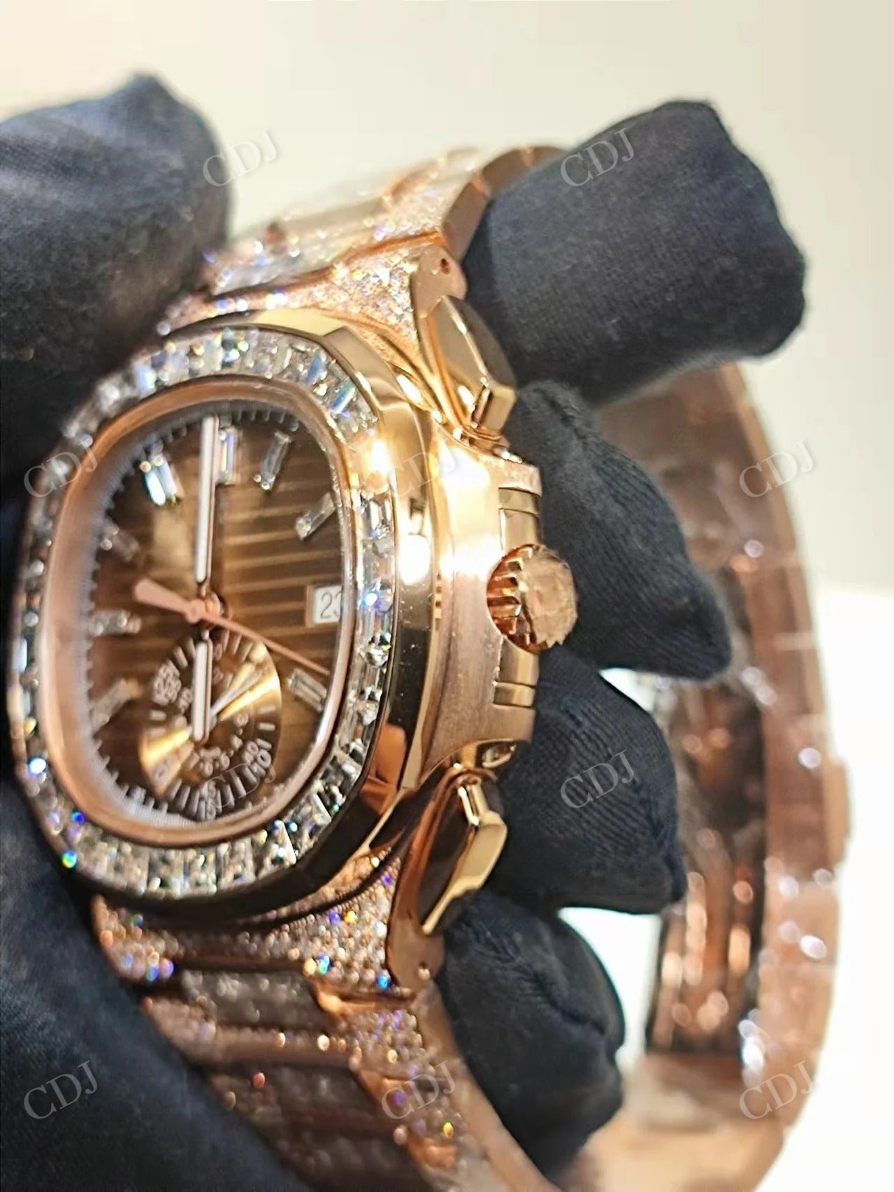 Rose Gold Tone Baguette Diamond Bezel Chrono Watch customdiamjewel
