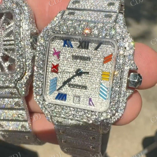 Full White Cartier Santos Rainbow Roman Digit Moissanite Diamond Set Hip Hop Iced Out Watch hip hop jewelry customdiamjewel