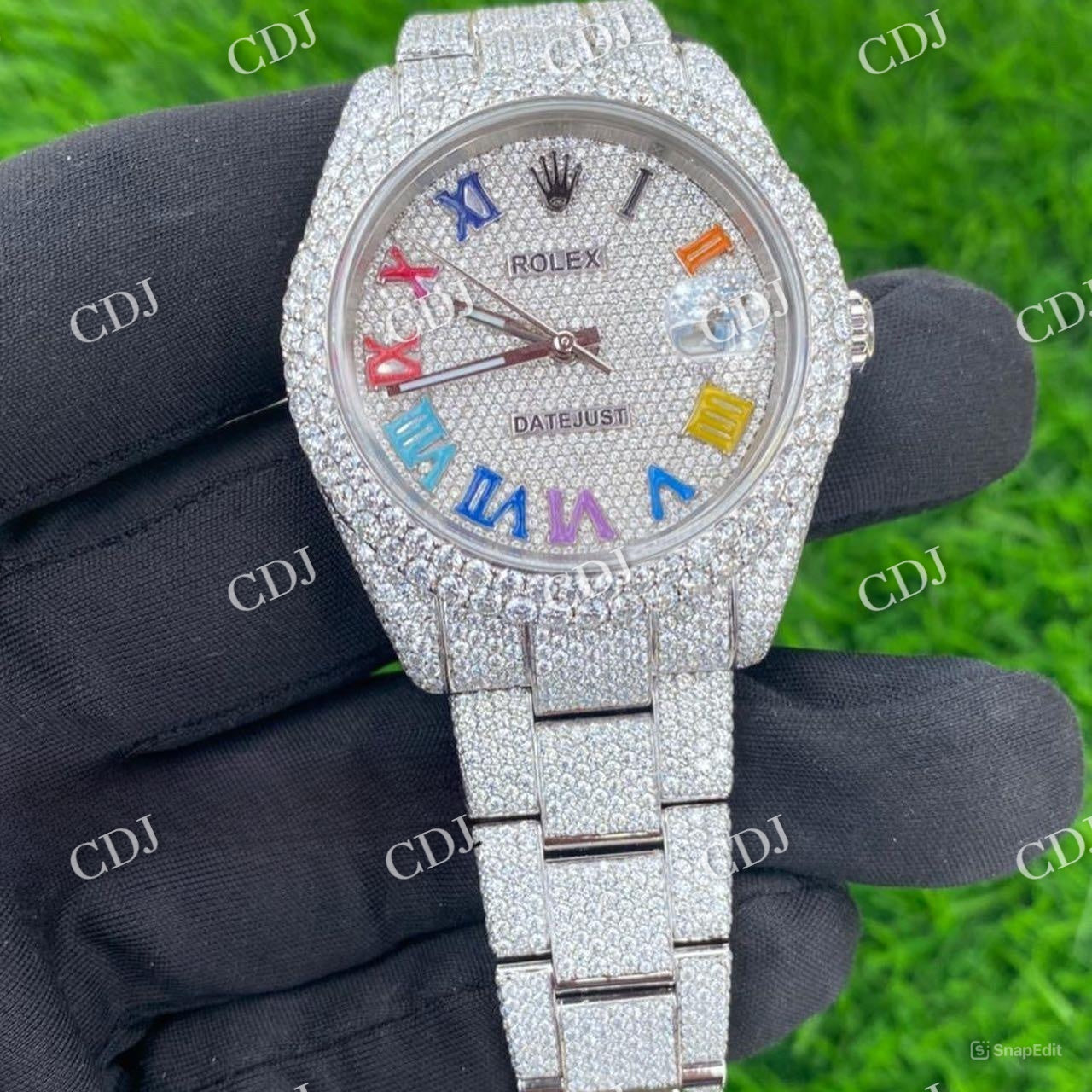Full White Rolex Oyster Rainbow Roman Digit VVS Moissanite Diamond Watch hip hop jewelry customdiamjewel