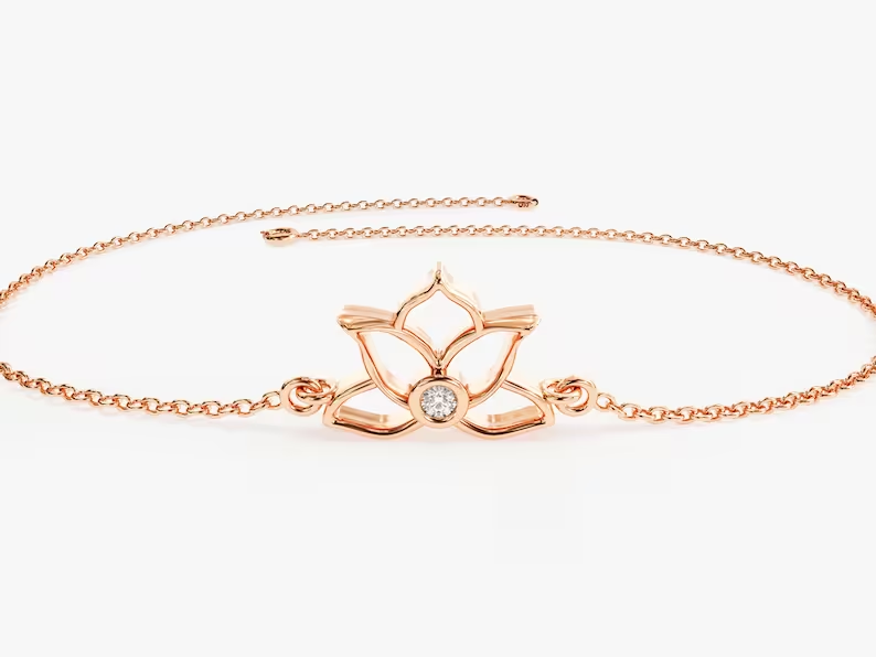 Dainty Natural Diamond Lotus Bracelet  customdiamjewel 10 KT Solid Gold Rose Gold VVS-EF