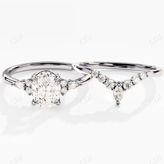 Oval Moissanite Art Deco Ring and Curved Cluster Wedding Band Set  customdiamjewel 10KT White Gold VVS-EF