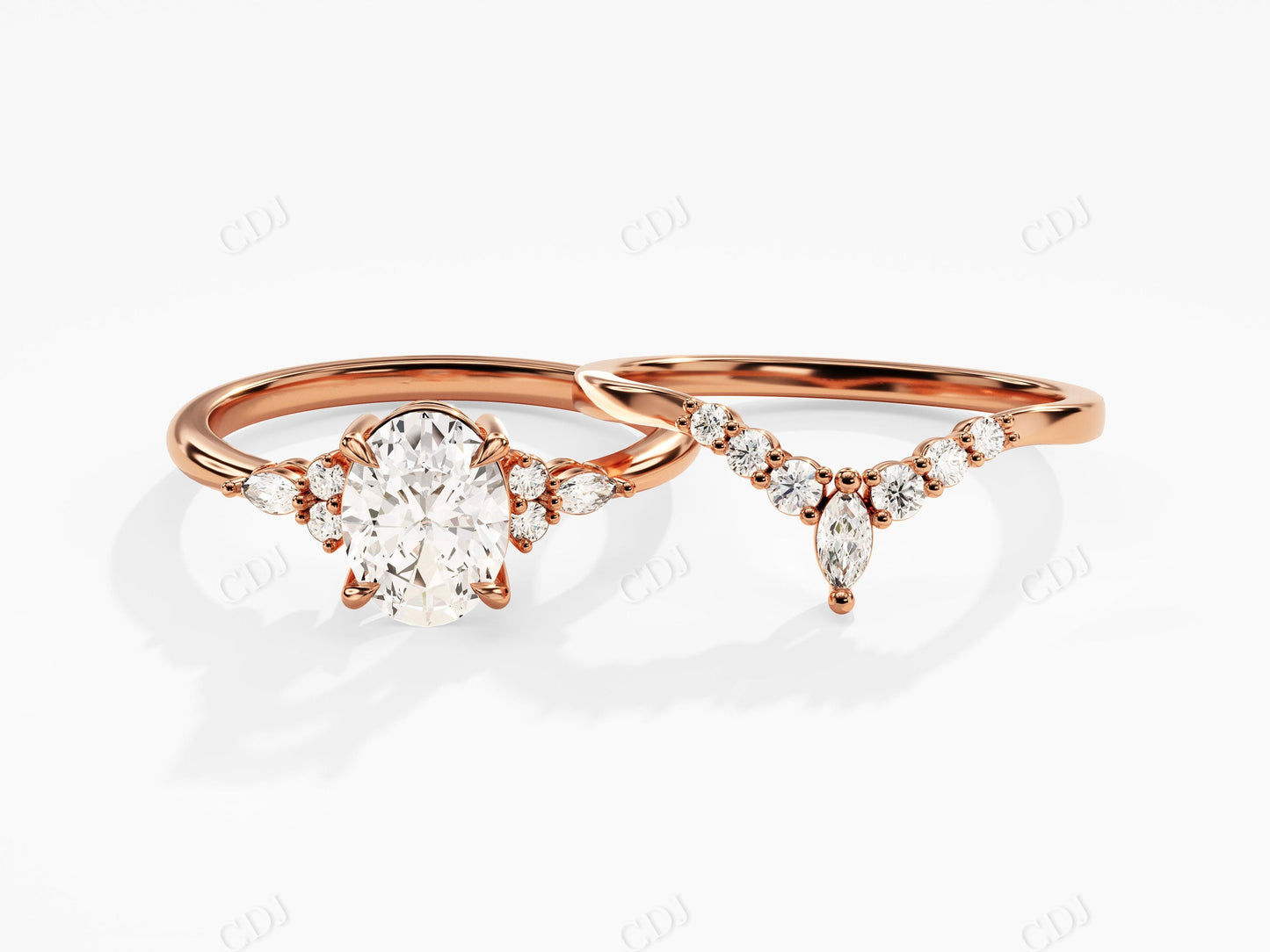 Oval Moissanite Art Deco Ring and Curved Cluster Wedding Band Set