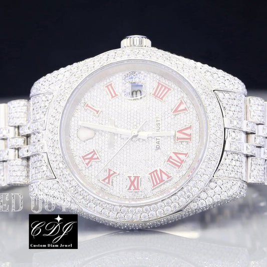 Red Numerical Custom Iced Out Moissanite Watch customdiamjewel