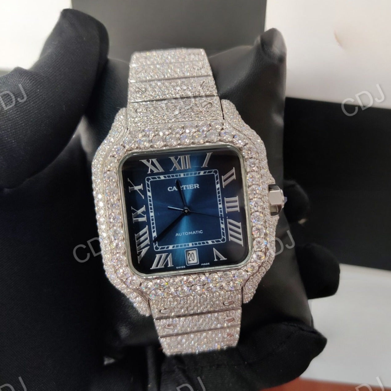Full White Cartier Santos Blue Dial Hip Hop Moissanite Watch customdiamjewel