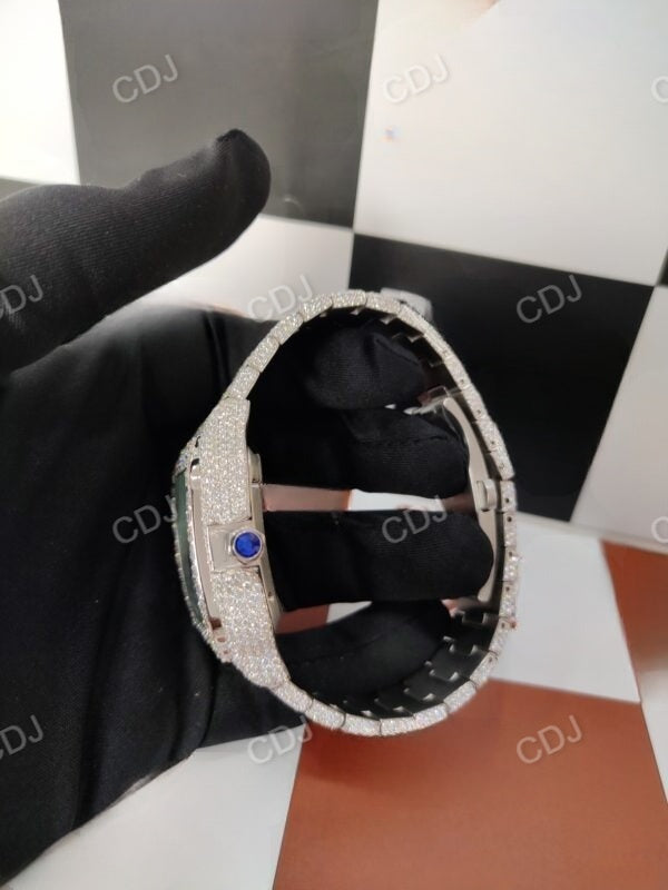 Full White Cartier Santos Blue Dial Hip Hop Moissanite Watch customdiamjewel