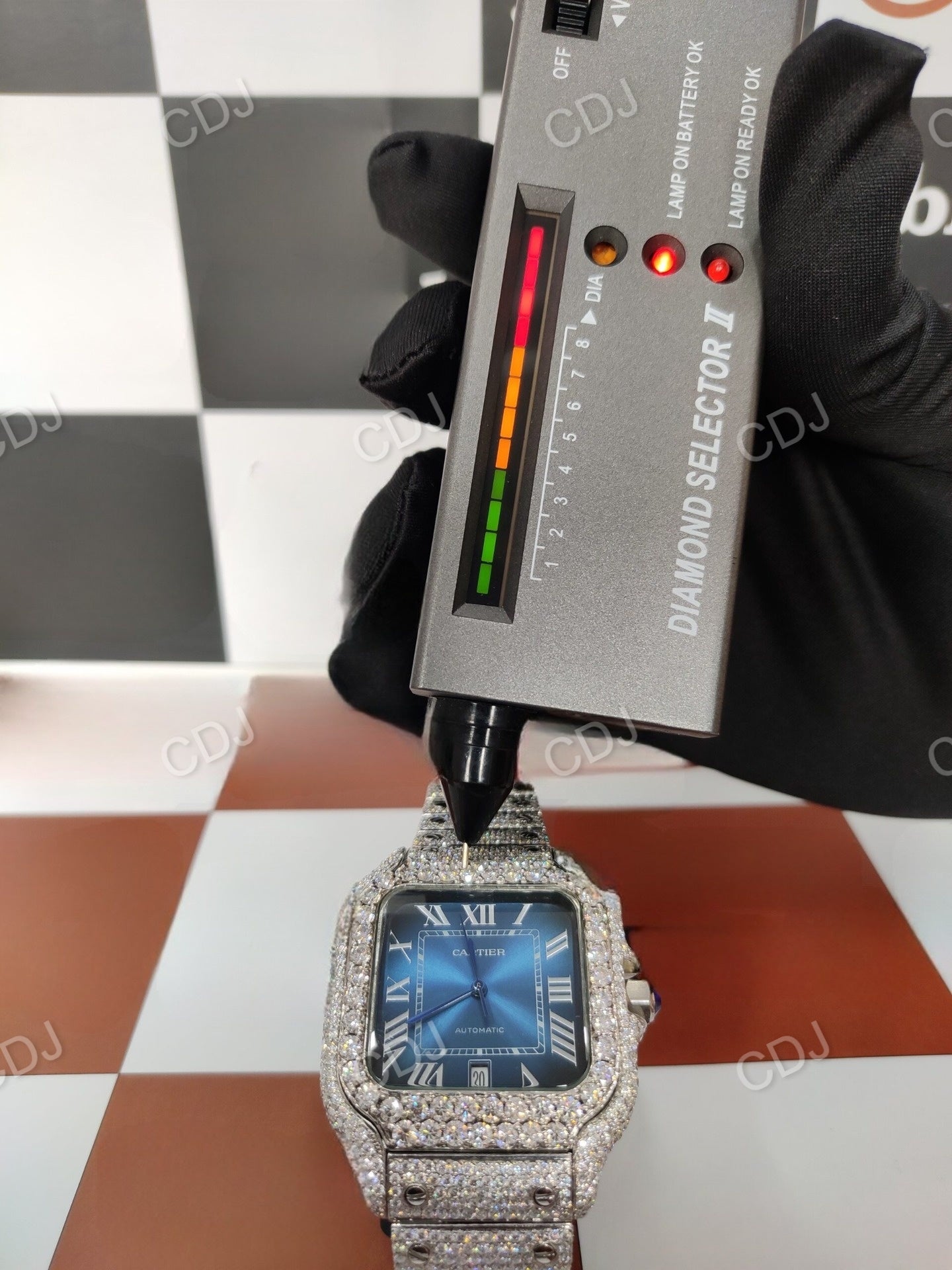 Full White Cartier Santos Blue Dial Hip Hop Moissanite Watch customdiamjewel