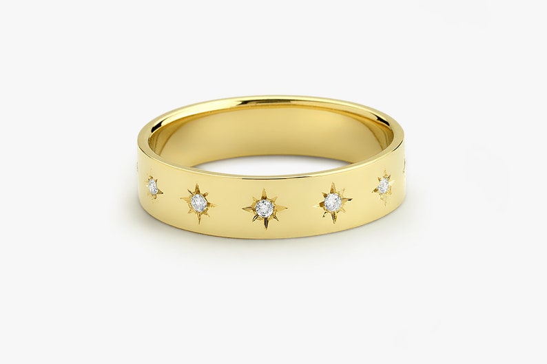 0.11CTW Round Cut Natural Diamond Thick Star Wedding Band  customdiamjewel 10 KT Solid Gold Yellow Gold VVS-EF