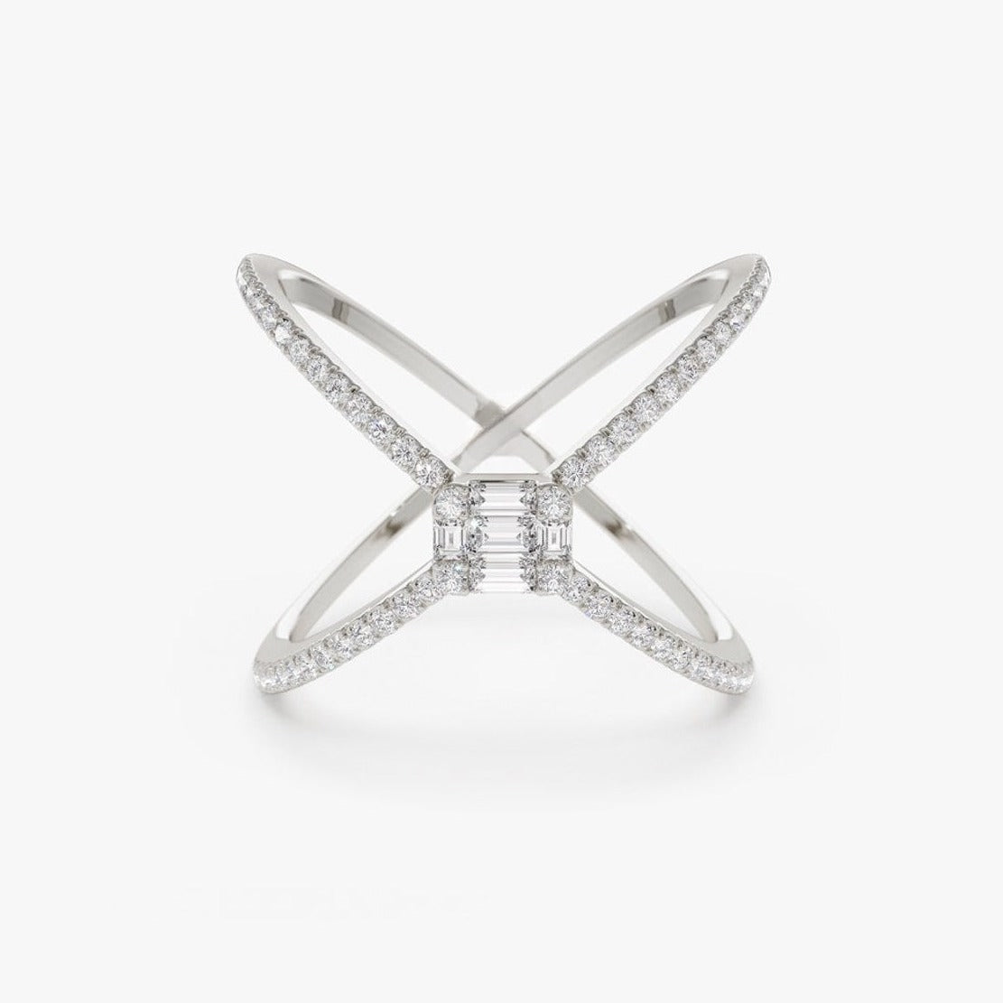 0.34CTW Round And Baguette Cut Natural Diamond Cress Cross Ring  customdiamjewel 10 KT Solid Gold White Gold VVS-EF