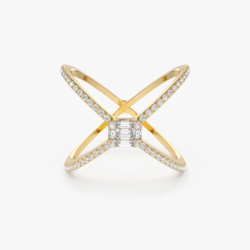 0.34CTW Round And Baguette Cut Natural Diamond Cress Cross Ring  customdiamjewel 10 KT Solid Gold Yellow Gold VVS-EF