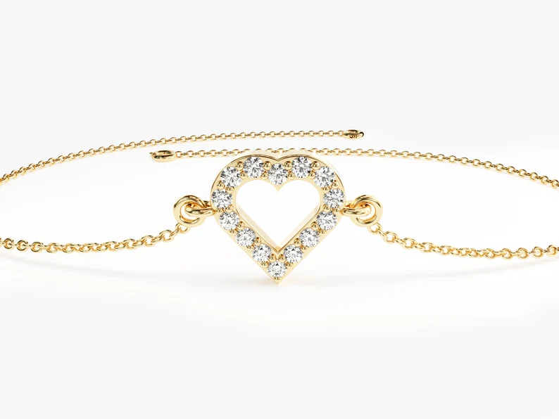 Dainty Moissanite Heart Shaped Bracelet  customdiamjewel Sterling Silver Yellow Gold VVS-EF