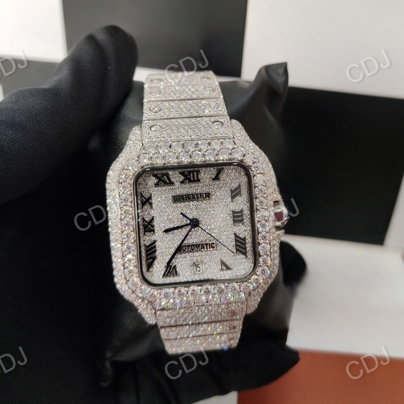 Cartier Santos Roman Dial Bustdown Wrist Watch customdiamjewel