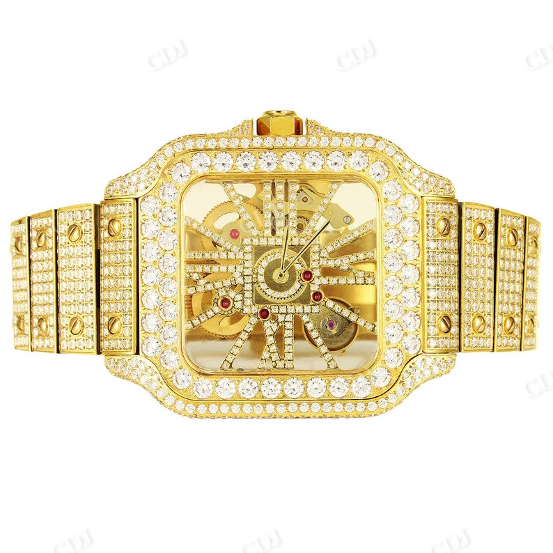 Cartier Skeleton Yellow Gold Hip Hop Moissanite Custom Iced Out Watch customdiamjewel