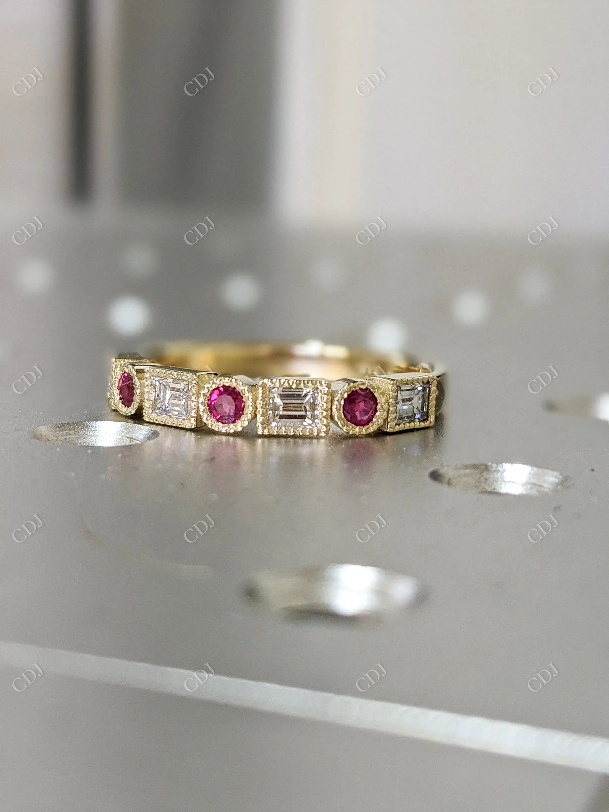 0.72CTW Ruby Round and Baguette Lab Grown Diamond Ring  customdiamjewel   