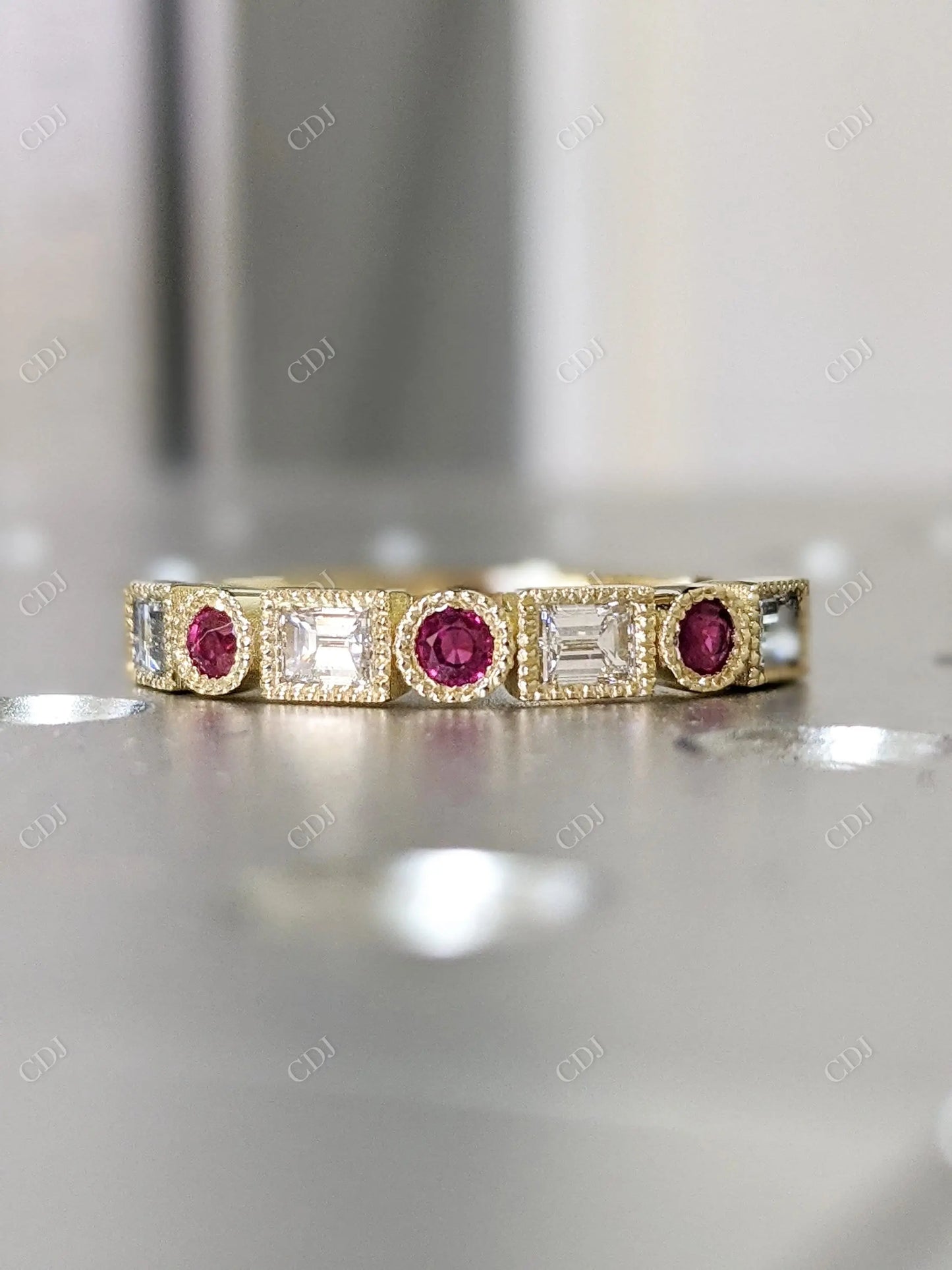 0.72CTW Ruby Round and Baguette Lab Grown Diamond Ring  customdiamjewel   