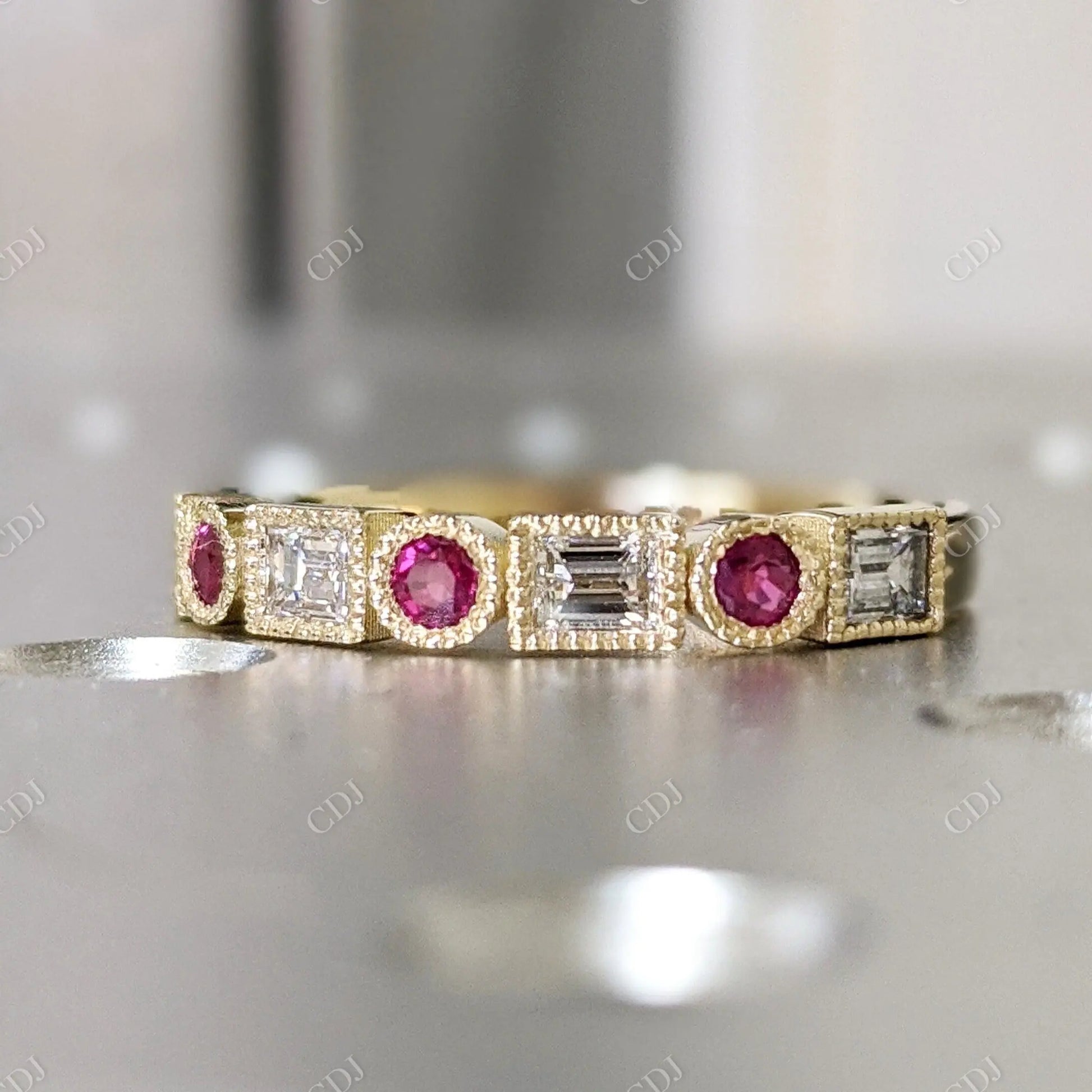 0.72CTW Ruby Round and Baguette Lab Grown Diamond Ring  customdiamjewel 10KT Yellow Gold VVS-EF