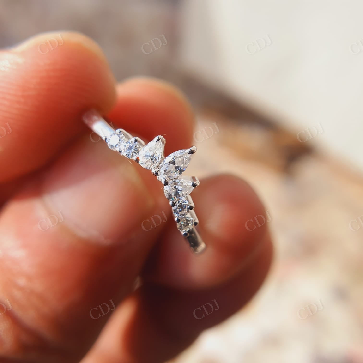 Marquise Curved Wedding Band For Women, Moissanite Solid Gold Wedding Band  customdiamjewel   