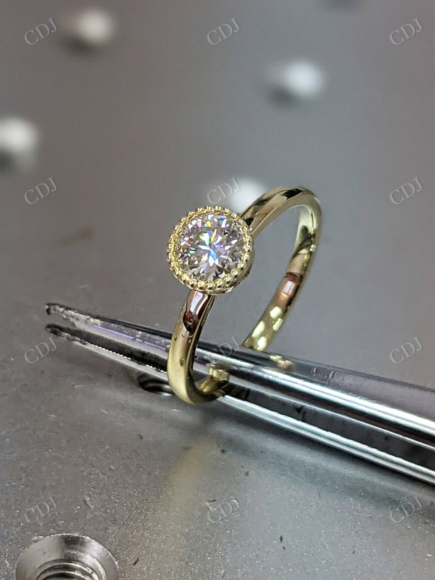 Yellow Gold Round Bezel Ring Unique Milgrain Moissanite Engagement Ring  customdiamjewel   