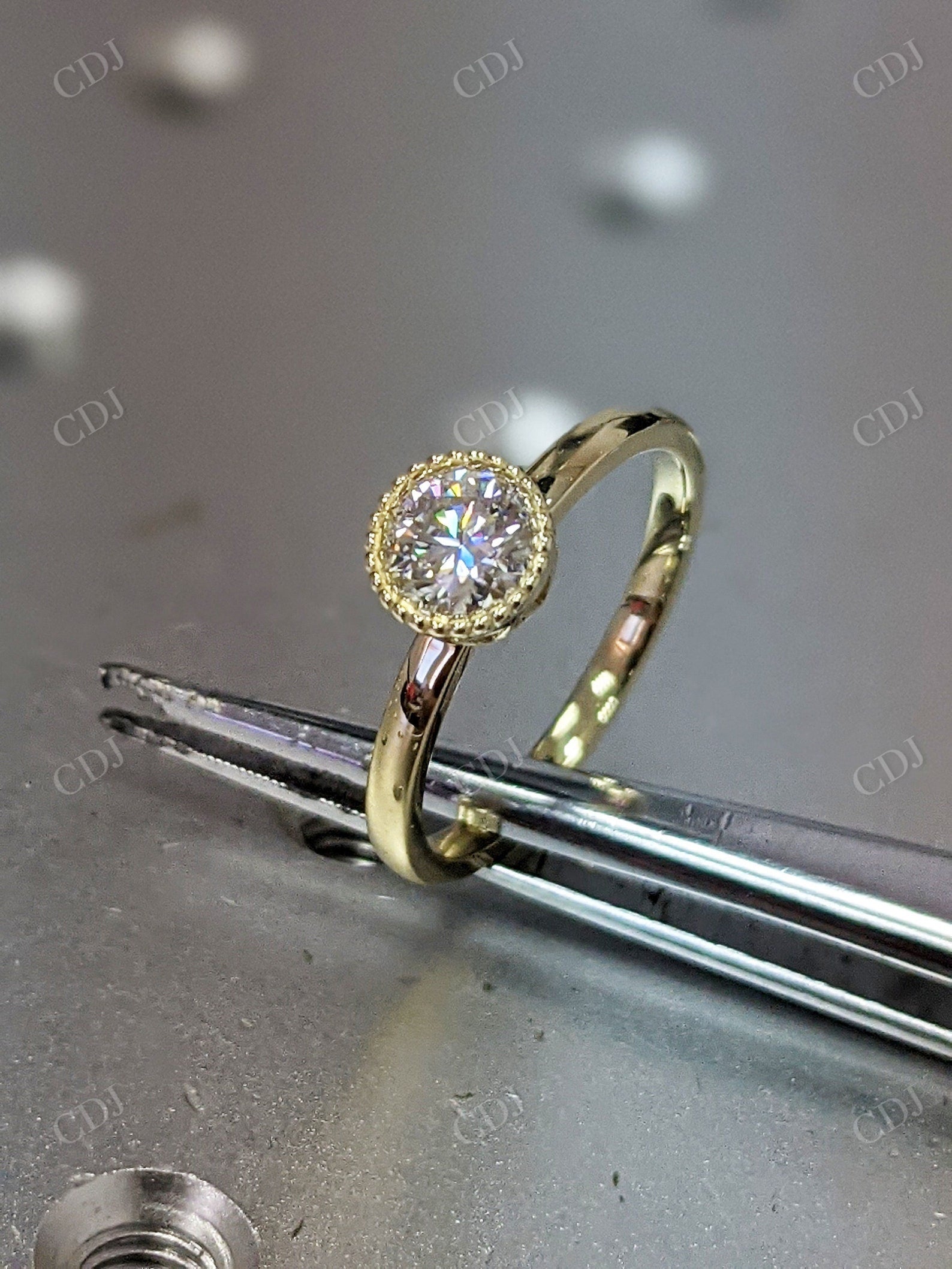 Yellow Gold Round Bezel Ring Unique Milgrain Moissanite Engagement Ring  customdiamjewel   