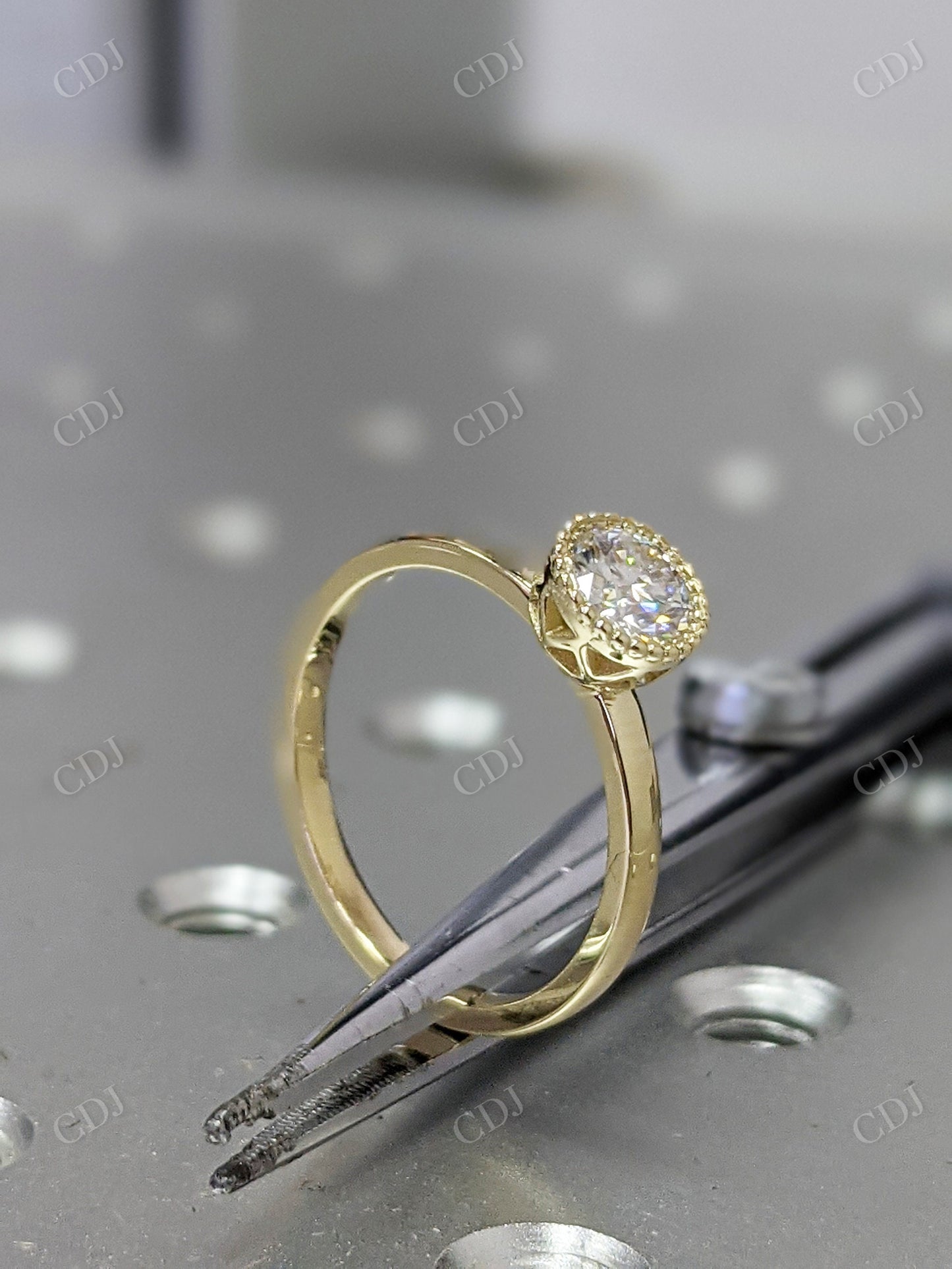 Yellow Gold Round Bezel Ring Unique Milgrain Moissanite Engagement Ring  customdiamjewel   