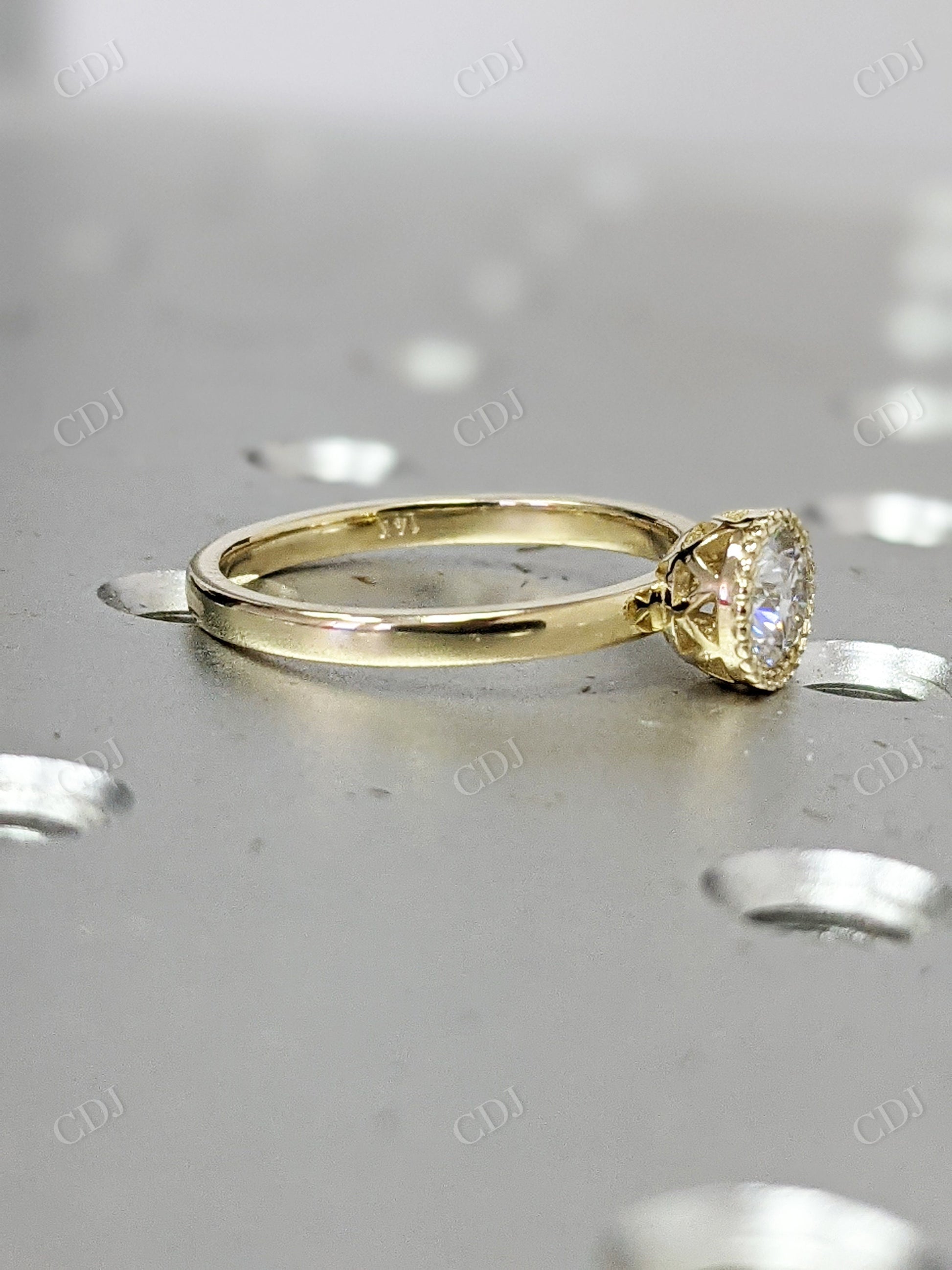 Yellow Gold Round Bezel Ring Unique Milgrain Moissanite Engagement Ring  customdiamjewel   