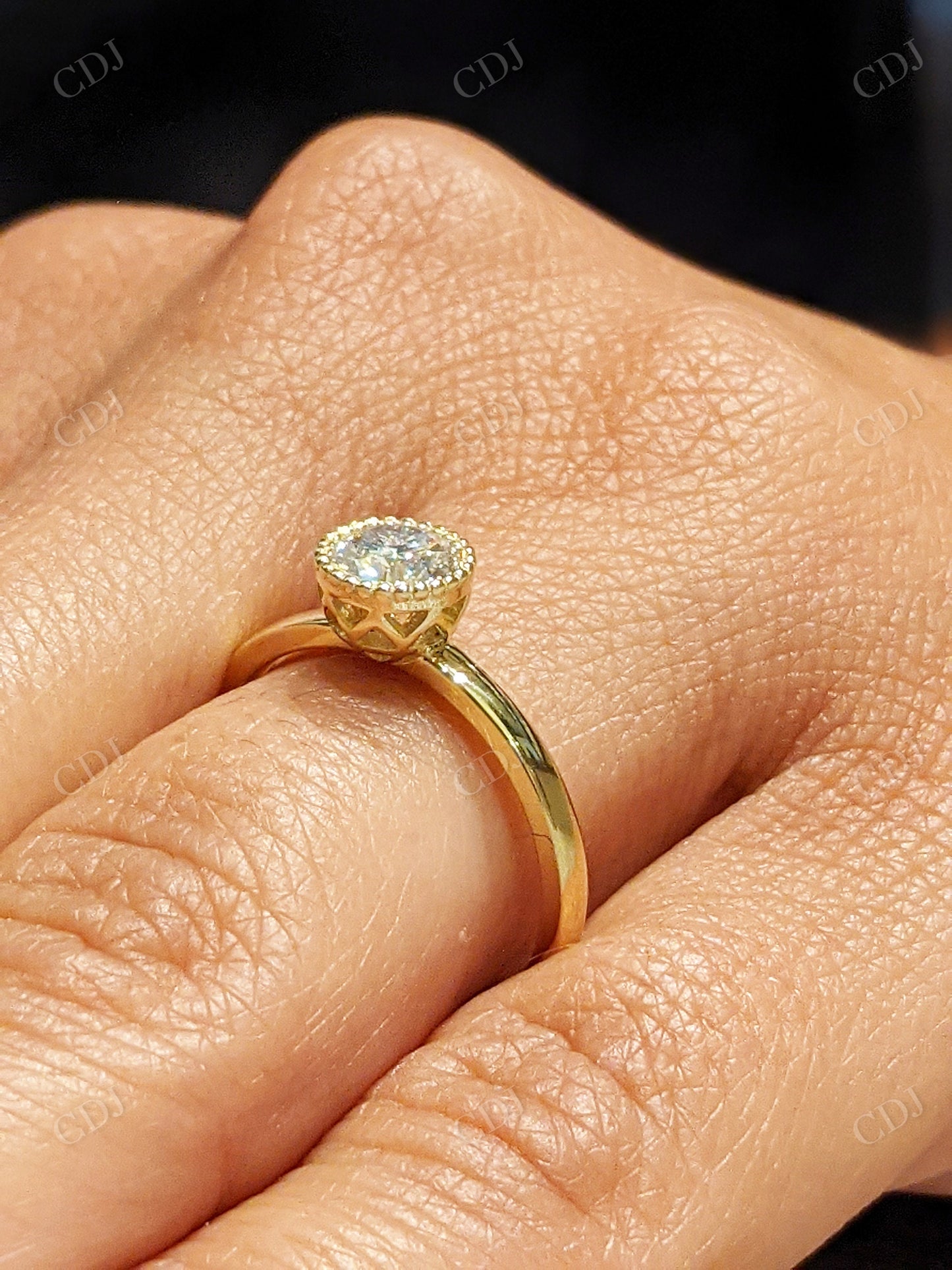 Yellow Gold Round Bezel Ring Unique Milgrain Moissanite Engagement Ring  customdiamjewel   