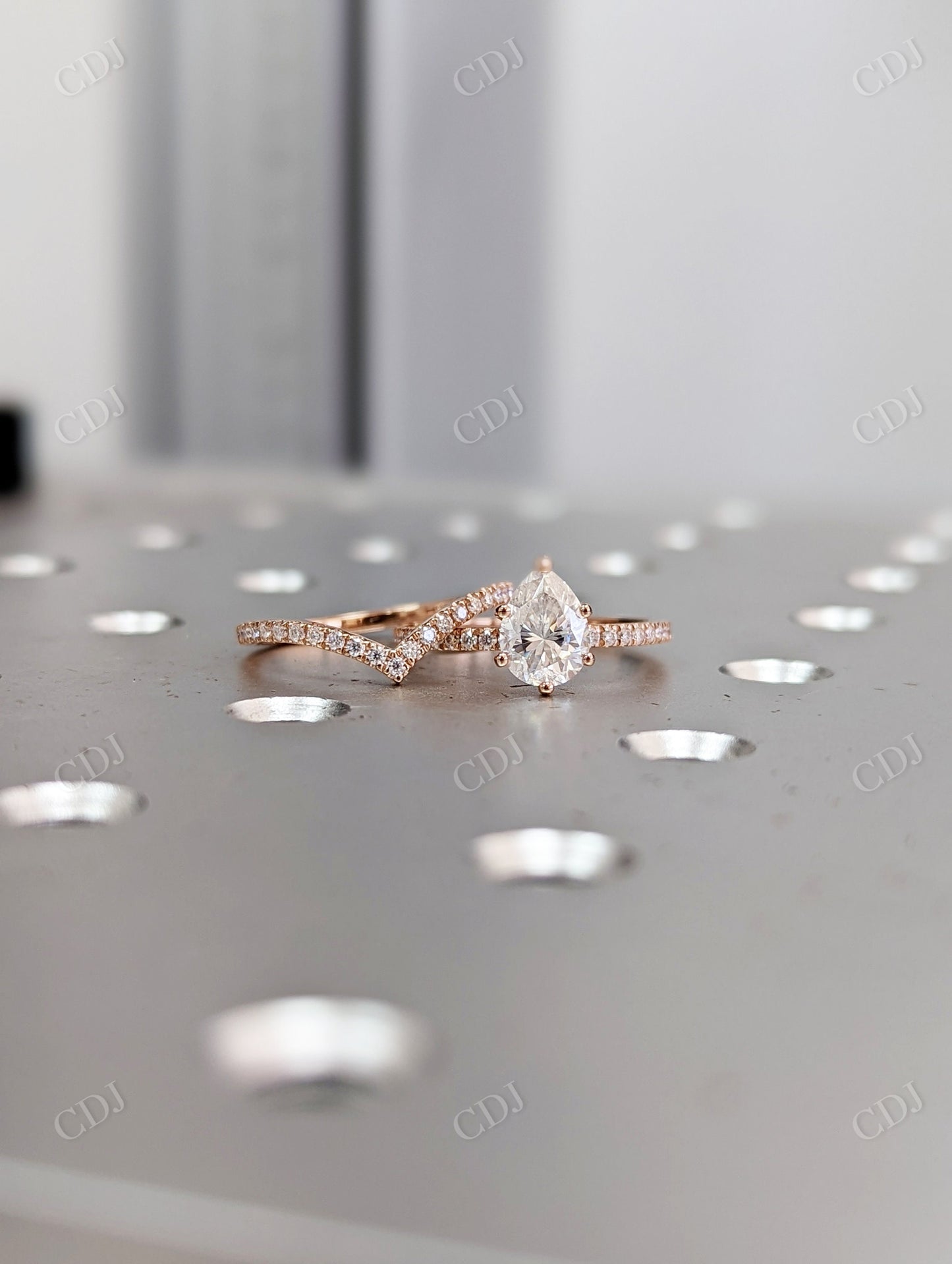 Pear Shape Moissanite Rose Gold Chevron Band Bridal Ring Set  customdiamjewel   