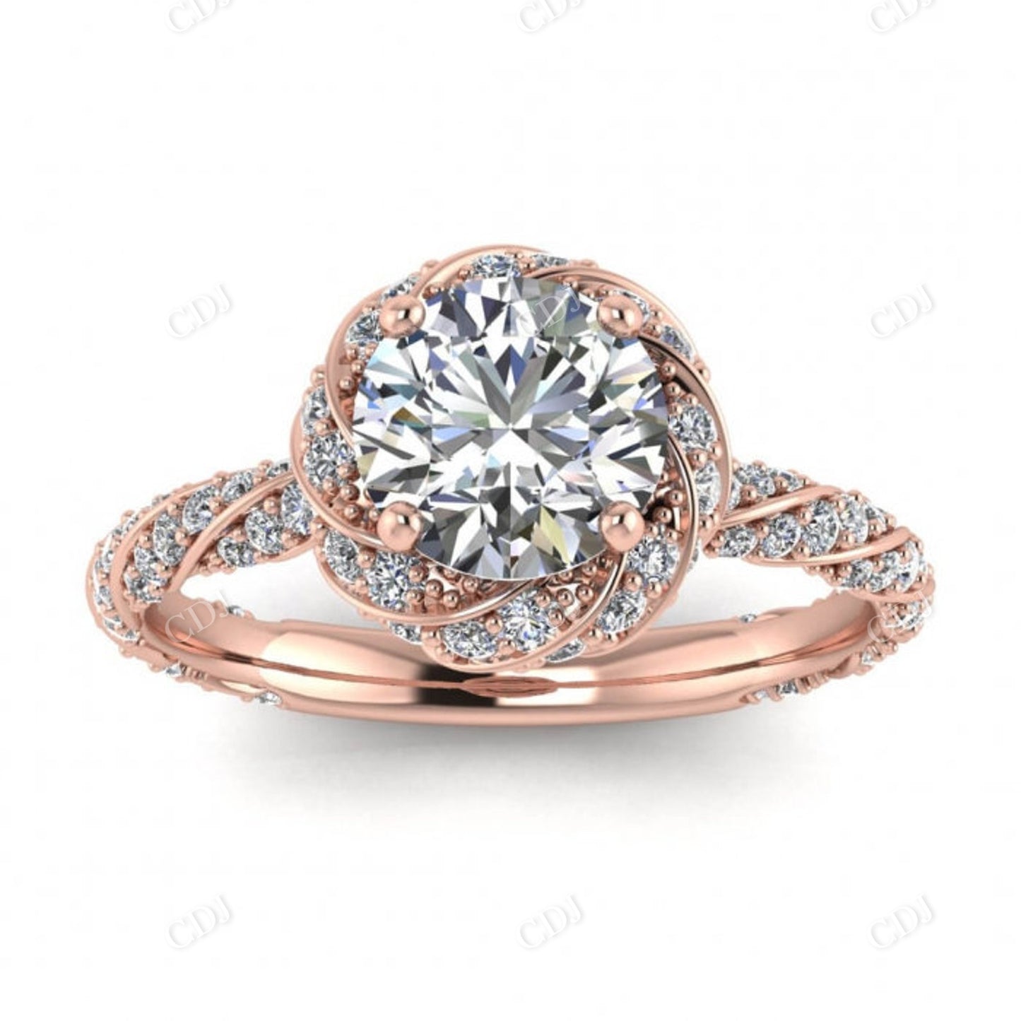Classy Twisted Halo And Eternity Round Moissanite Engagement Ring