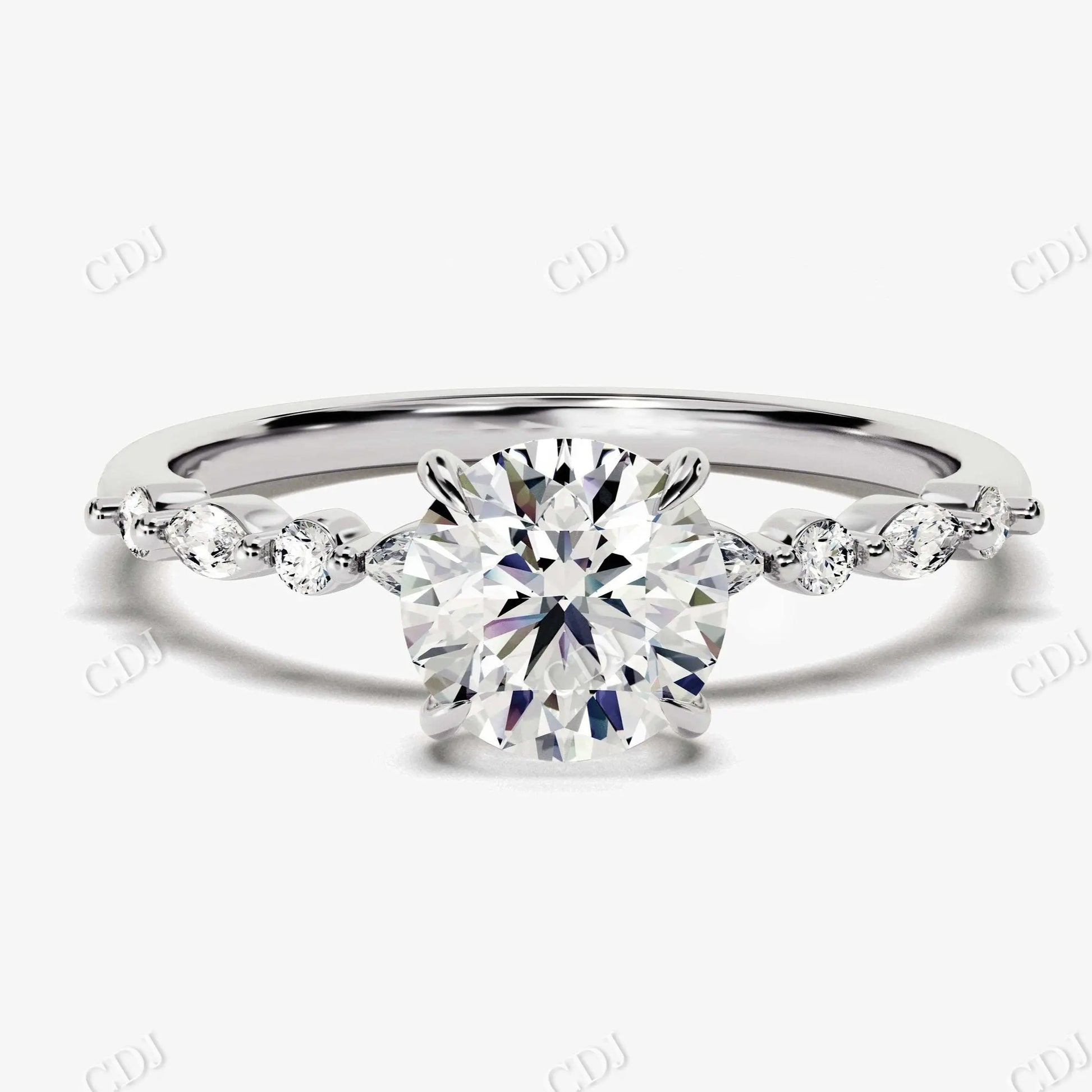 1.10CTW Art Deco Round and Marquise Moissanite Engagement Ring  customdiamjewel 10KT White Gold VVS-EF