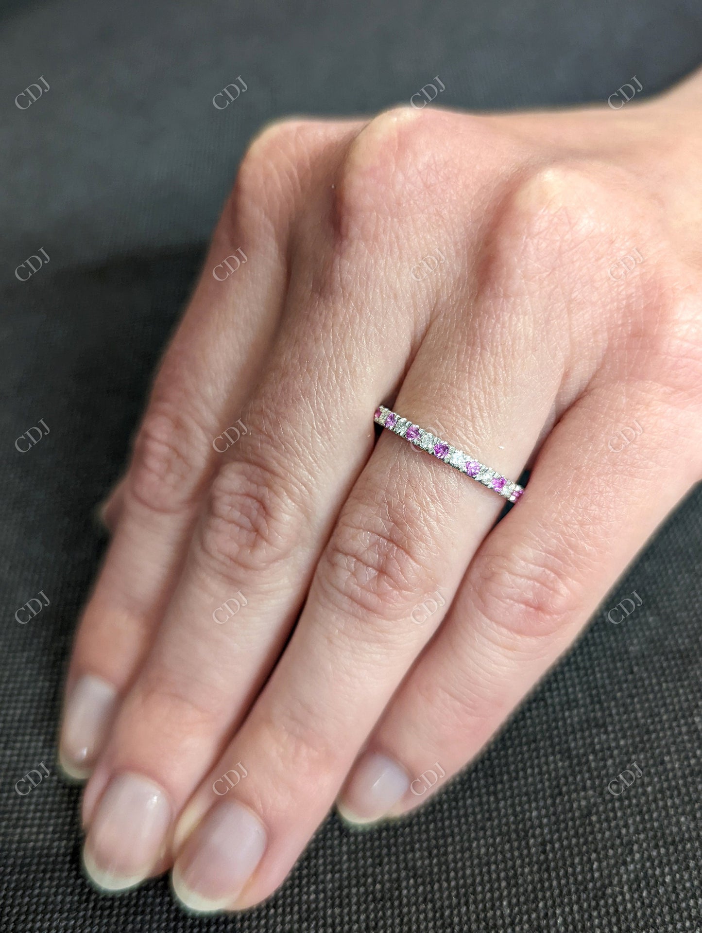 Round Cut Pink Sapphire and White Lab Grown Diamond Ring