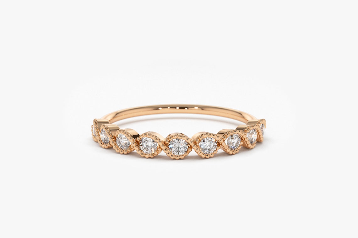 0.27CTW 9 Stone Round Cut Natural Diamond Half Eternity Wedding Ring  customdiamjewel 10 KT Solid Gold Rose Gold VVS-EF