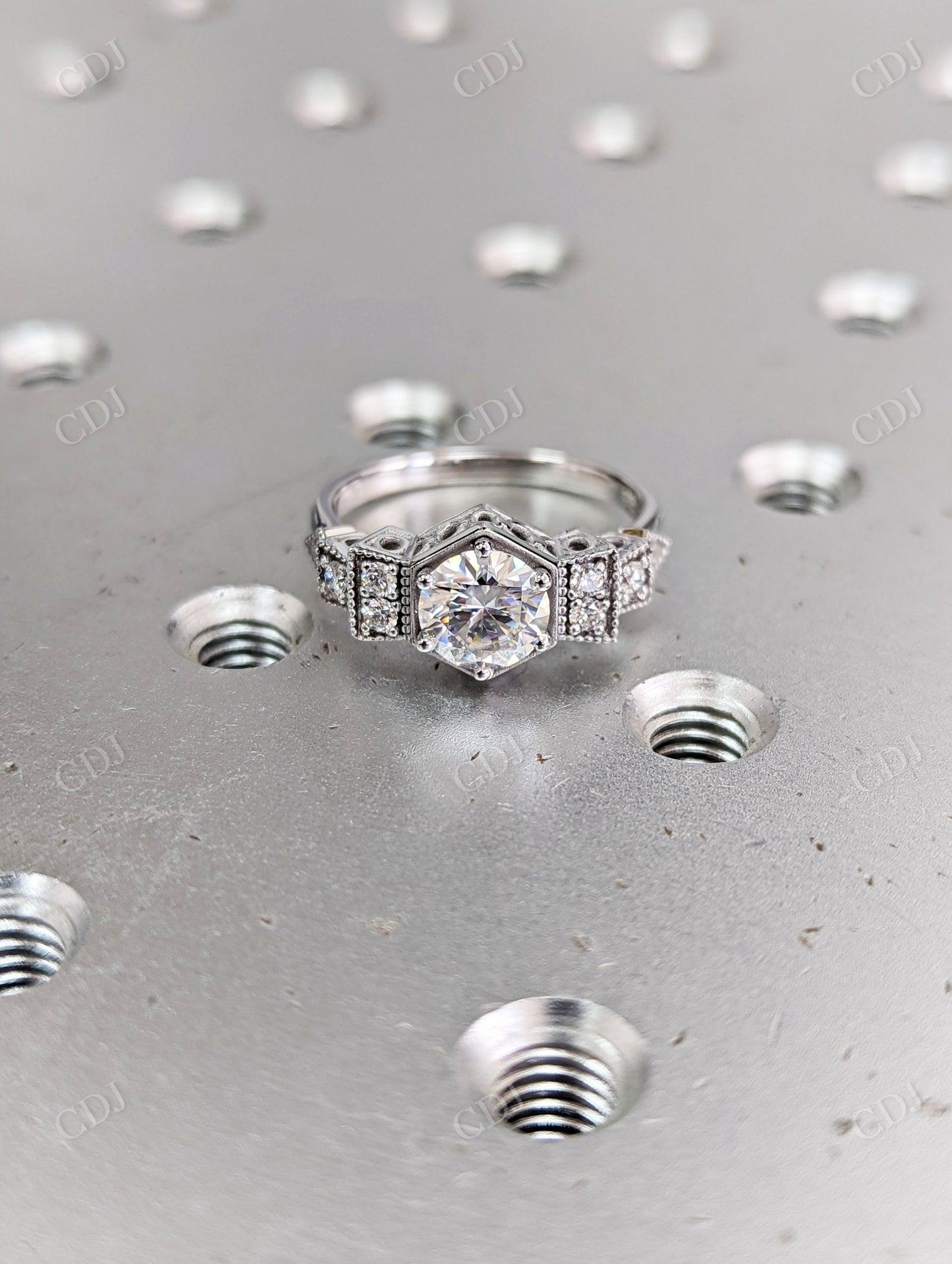 White Gold Antique Design Moissanite Edwardian Engagement Ring