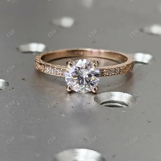 1.06CTW Round Cut Moissanite Engraved Engagement Ring  customdiamjewel 10KT Rose Gold VVS-EF