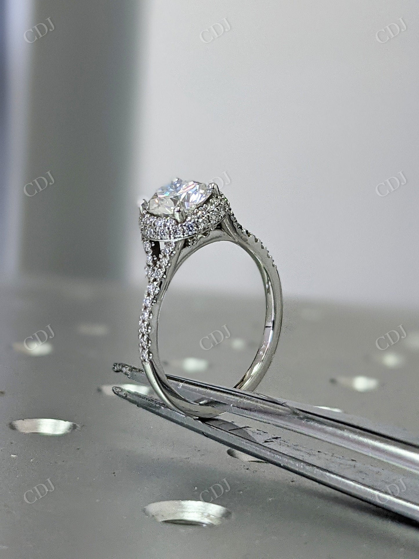 Old European Cut Moissanite Halo Split Shank Engagement Ring