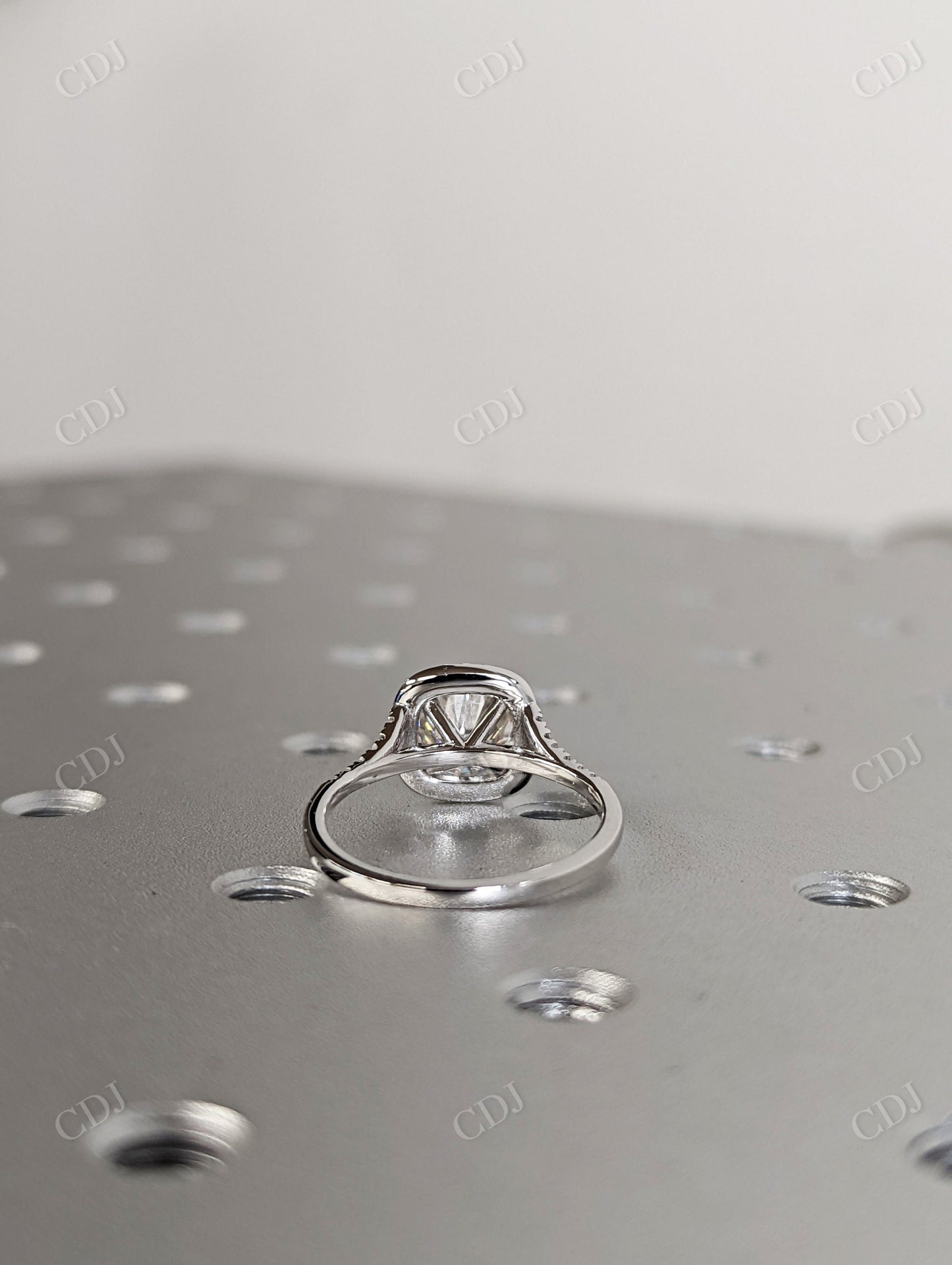 Cushion Shaped Halo Round Cut Moissanite Split Shank Engagement Ring