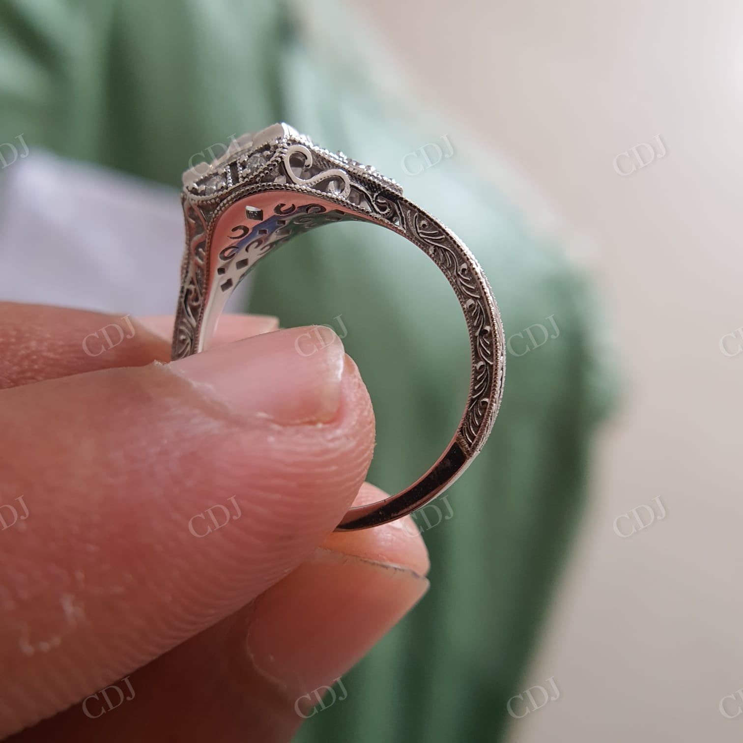 Old European Antique Moissanite Engagement Ring, Art Deco Textured Wedding Band Ring  customdiamjewel   