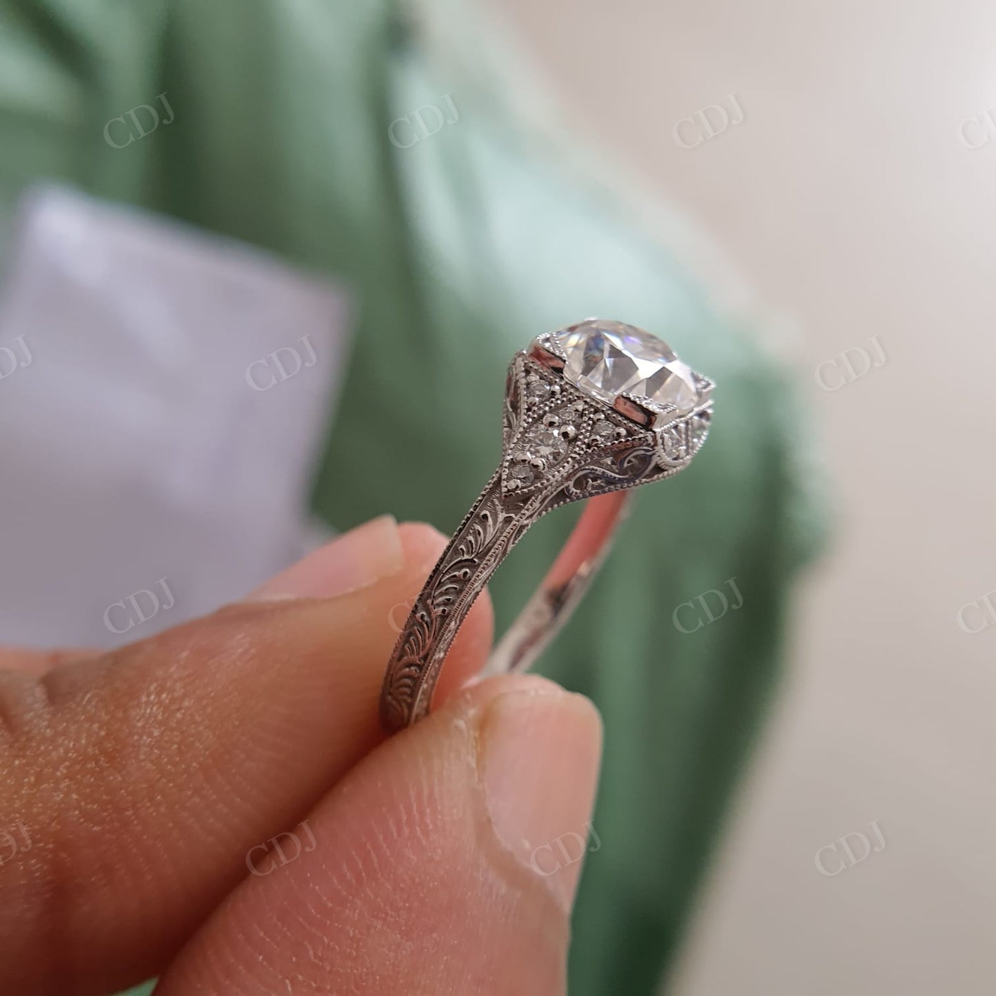 Old European Antique Moissanite Engagement Ring, Art Deco Textured Wedding Band Ring  customdiamjewel   
