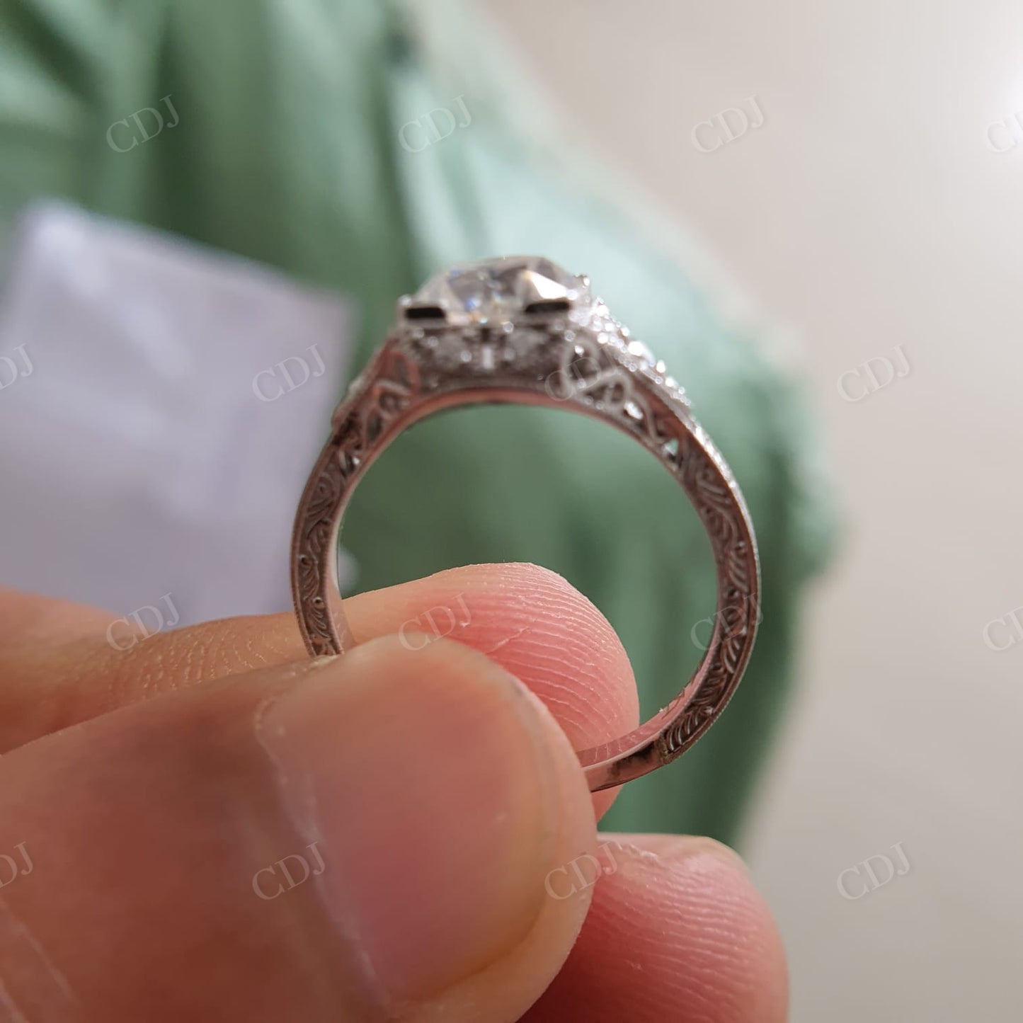 Old European Antique Moissanite Engagement Ring, Art Deco Textured Wedding Band Ring  customdiamjewel   