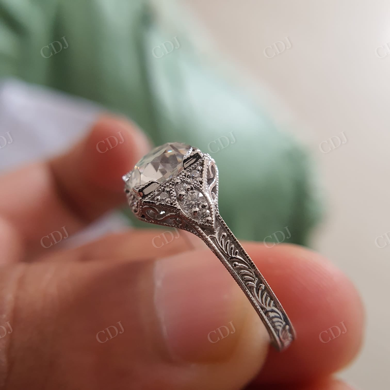 Old European Antique Moissanite Engagement Ring, Art Deco Textured Wedding Band Ring  customdiamjewel   