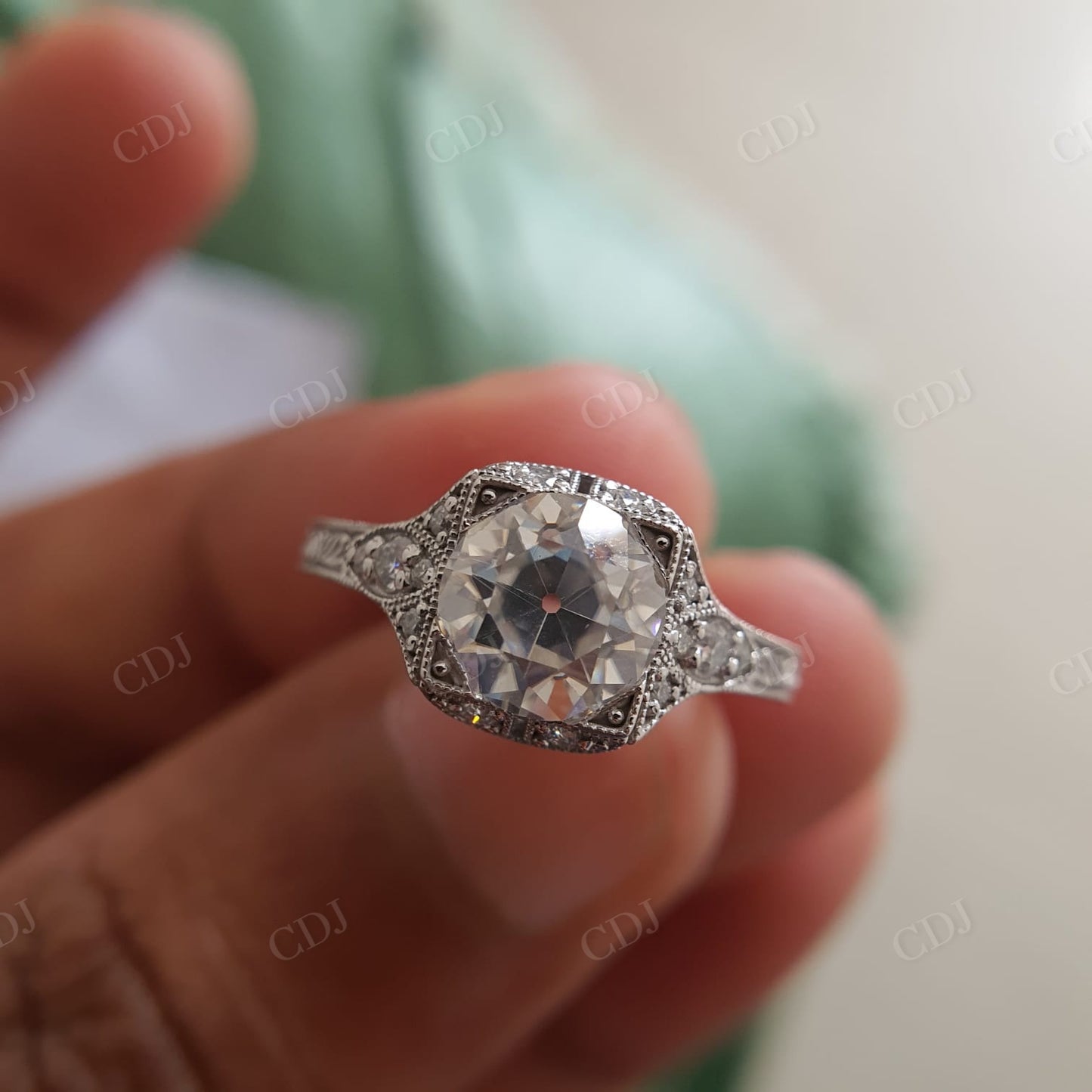 Old European Antique Moissanite Engagement Ring, Art Deco Textured Wedding Band Ring  customdiamjewel   