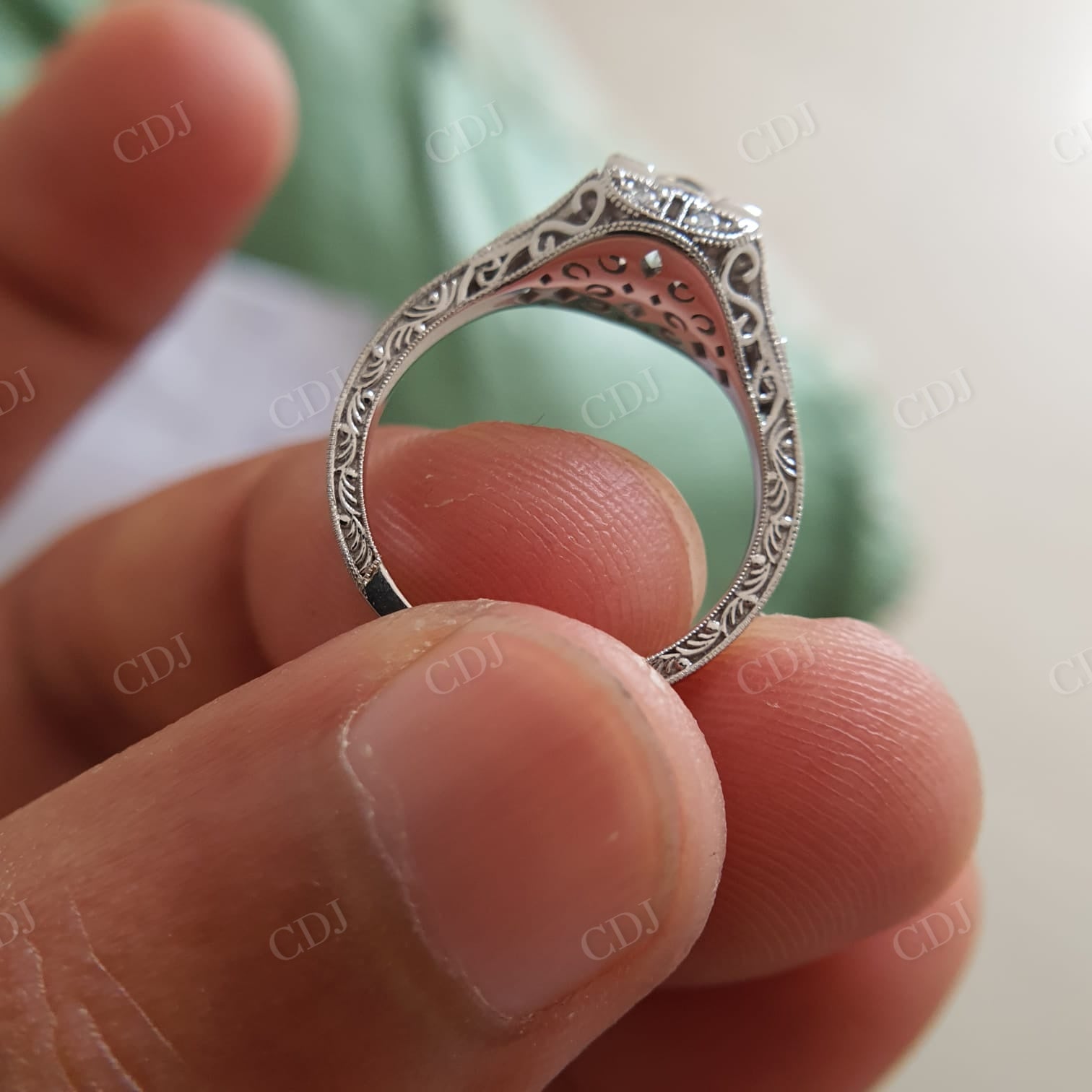 Old European Antique Moissanite Engagement Ring, Art Deco Textured Wedding Band Ring  customdiamjewel   