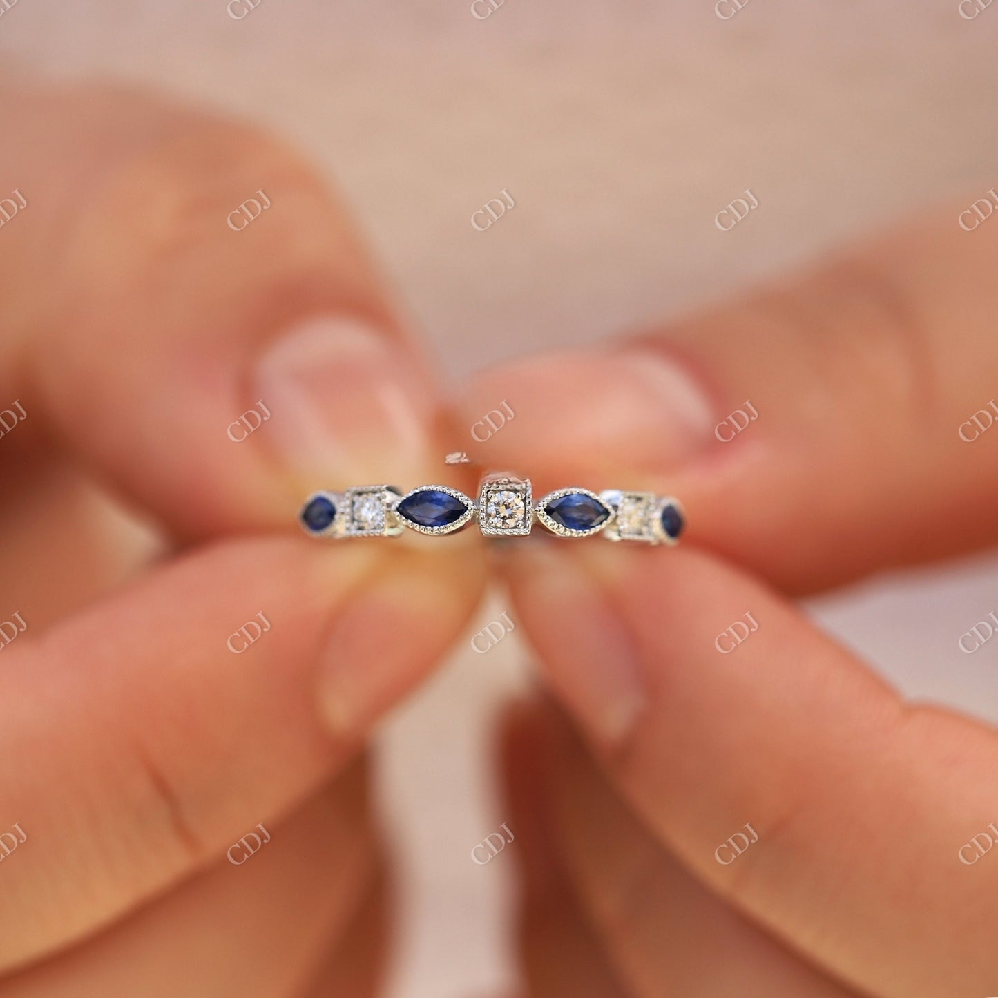 Alternating Round Moissanite and Marquise Cut Wedding Band