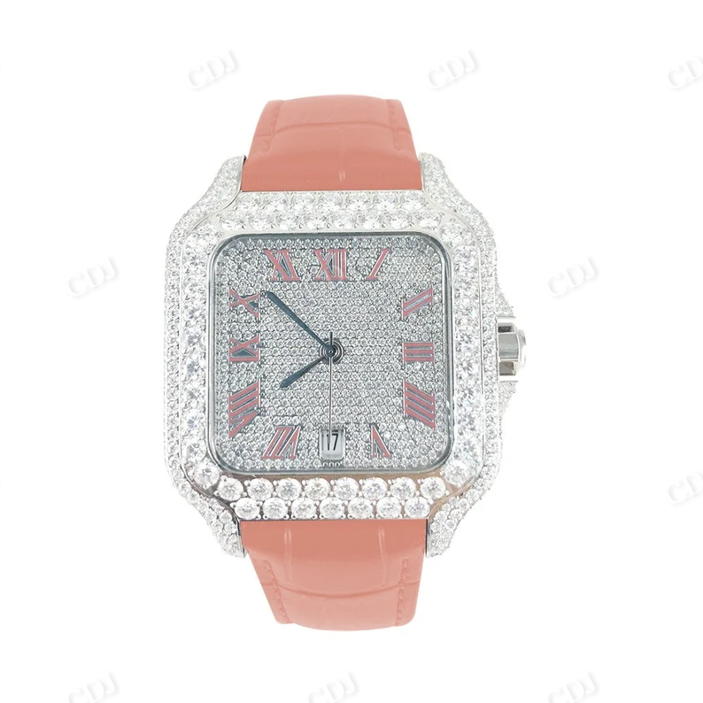 New Arrival Cartier Leather Belt Pink Roman Moissanite Watch customdiamjewel