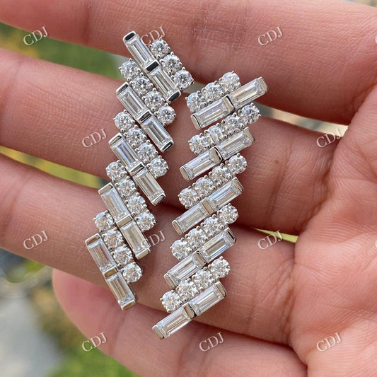Baguettes and Round Cut Moissanite 14K White Gold Stud Earrings  customdiamjewel Sterling Silver White Gold VVS-EF