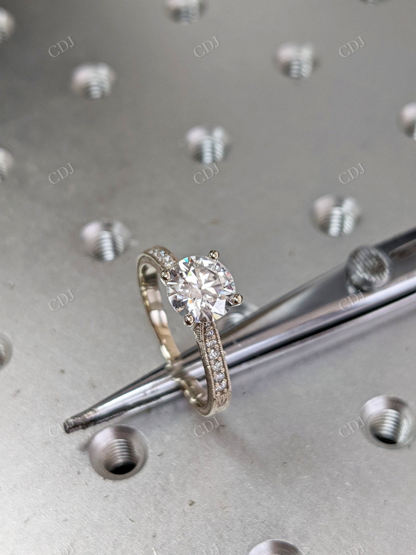 Old European Cut 14k Gold Hand Engraved Ring Vintage Engagement Ring