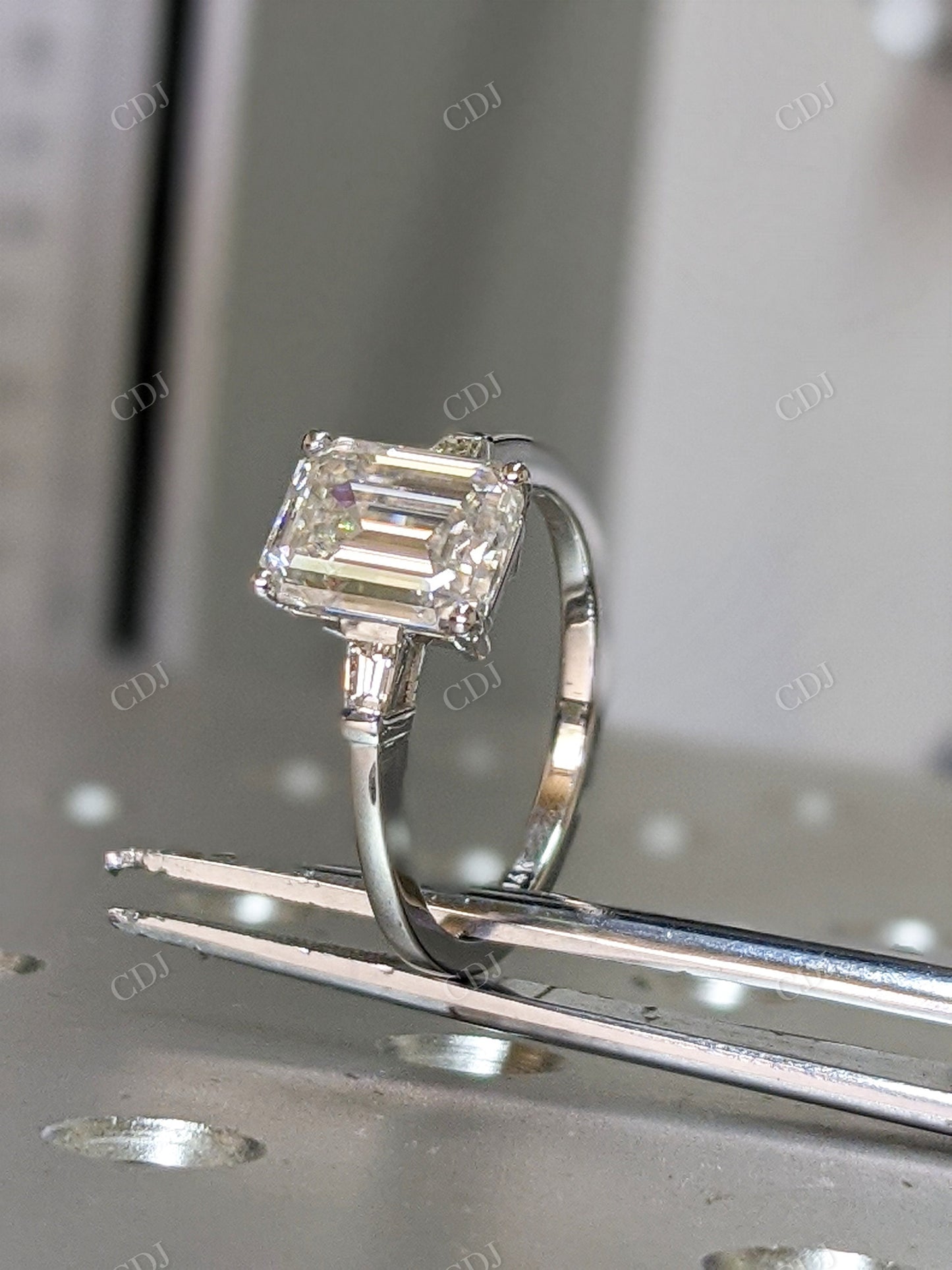 Emerald Cut Moissanite White Gold Three Stone Engagement Ring
