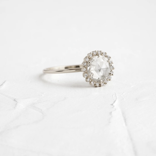 Round Rose Cut Moissanite Halo Set Wedding Ring  customdiamjewel Sterling Silver White Gold VVS-EF