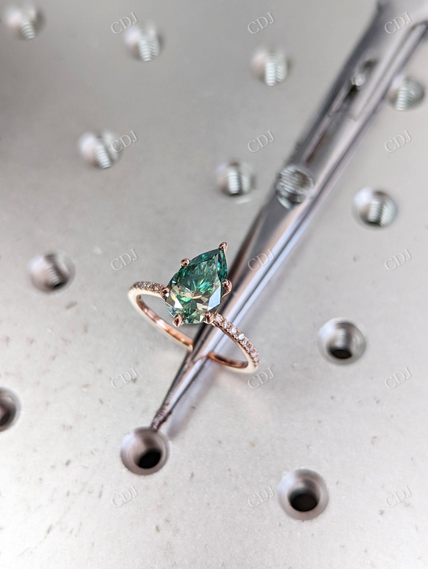 2.80CTW Green Pear Moissanite Engagement Ring